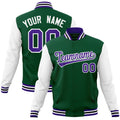 Personalized Green & White & Purple Color Block Cotton-Blend Full-Snap Varsity Jacket - front view