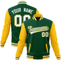 Custom Green & Gold & White Color Block Cotton-Blend Full-Snap Varsity Jacket - front view