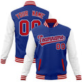 Custom Royal Blue & White & Red Color Block Cotton-Blend Full-Snap Varsity Jacket - front view