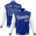 Personalized Royal Blue & White Color Block Cotton-Blend Full-Snap Varsity Jacket - front view