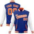 Custom Royal Blue & White & Orange Color Block Cotton-Blend Full-Snap Varsity Jacket - front view