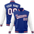 Custom Royal Blue & White & Red Color Block Cotton-Blend Full-Snap Varsity Jacket - front view