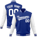 Custom Royal Blue & White Color Block Cotton-Blend Full-Snap Varsity Jacket - front view