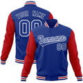 Personalized Royal Blue & Red & White Color Block Cotton-Blend Full-Snap Varsity Jacket - front view
