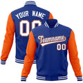 Custom Royal Blue & Orange & White Color Block Cotton-Blend Full-Snap Varsity Jacket - front view