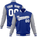 Custom Royal Blue & Gray & White Color Block Cotton-Blend Full-Snap Varsity Jacket - front view