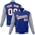 Personalized Royal Blue & Gray & White Color Block Cotton-Blend Full-Snap Varsity Jacket - front view