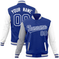 Custom Royal Blue & Gray & White Color Block Cotton-Blend Full-Snap Varsity Jacket - front view