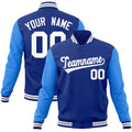 Custom Royal Blue & Powder Blue & White Color Block Cotton-Blend Full-Snap Varsity Jacket - front view