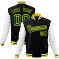 Personalized Black & White & Gold Color Block Cotton-Blend Full-Snap Varsity Jacket - front view