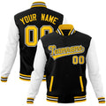 Custom Black & White & Gold Color Block Cotton-Blend Full-Snap Varsity Jacket - front view