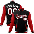 Custom Black & Red & White Color Block Cotton-Blend Full-Snap Varsity Jacket - front view