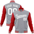 Personalized Gray & Red & White Color Block Cotton-Blend Full-Snap Varsity Jacket - front view