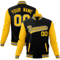 Custom Black & Gold & White Color Block Cotton-Blend Full-Snap Varsity Jacket - front view