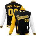Custom Black & White & Gold Color Block Cotton-Blend Full-Snap Varsity Jacket - front view