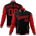 Personalized Black & Red & White Color Block Cotton-Blend Full-Snap Varsity Jacket - front view