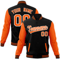 Custom Black & Orange & White Color Block Cotton-Blend Full-Snap Varsity Jacket - front view