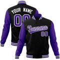 Custom Black & Purple & White Color Block Cotton-Blend Full-Snap Varsity Jacket - front view