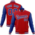 Custom Red & Royal Blue & White Color Block Cotton-Blend Full-Snap Varsity Jacket - front view