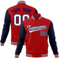 Custom Red & Navy & White Color Block Cotton-Blend Full-Snap Varsity Jacket - front view