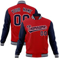 Custom Red & Navy & White Color Block Cotton-Blend Full-Snap Varsity Jacket - front view