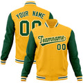 Personalized Gold & Green & White Color Block Cotton-Blend Full-Snap Varsity Jacket - front view