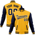 Custom Gold & Navy & White Color Block Cotton-Blend Full-Snap Varsity Jacket - front view