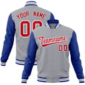 Custom Gray & Royal Blue & White Color Block Cotton-Blend Full-Snap Varsity Jacket - front view