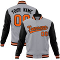 Personalized Gray & Black & Orange Color Block Cotton-Blend Full-Snap Varsity Jacket - front view