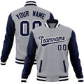 Custom Gray & Navy & White Color Block Cotton-Blend Full-Snap Varsity Jacket - front view