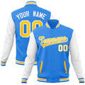 Personalized Powder Blue & White & Gold Color Block Cotton-Blend Full-Snap Varsity Jacket - front view