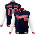 Custom Navy & White & Red Color Block Cotton-Blend Full-Snap Varsity Jacket - front view