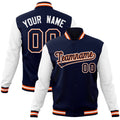 Custom Navy & White & Orange Color Block Cotton-Blend Full-Snap Varsity Jacket - front view