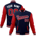 Custom Navy & Red & White Color Block Cotton-Blend Full-Snap Varsity Jacket - front view