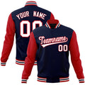 Custom Navy & Red & White Color Block Cotton-Blend Full-Snap Varsity Jacket - front view