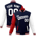 Personalized Navy & White & Red Color Block Cotton-Blend Full-Snap Varsity Jacket - front view