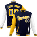 Custom Navy & Gold & White Color Block Cotton-Blend Full-Snap Varsity Jacket - front view