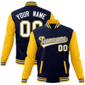 Custom Navy & Gold & White Color Block Cotton-Blend Full-Snap Varsity Jacket - front view