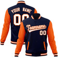 Personalized Navy & Orange & White Color Block Cotton-Blend Full-Snap Varsity Jacket - front view