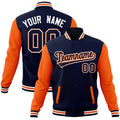 Custom Navy & Orange & White Color Block Cotton-Blend Full-Snap Varsity Jacket - front view