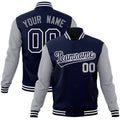 Personalized Navy & Gray & White Color Block Cotton-Blend Full-Snap Varsity Jacket - front view