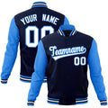 Custom Navy & Powder Blue & White Color Block Cotton-Blend Full-Snap Varsity Jacket - front view