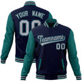 Custom Navy & Teal & Gray Color Block Cotton-Blend Full-Snap Varsity Jacket - front view