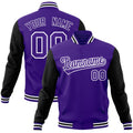 Personalized Purple & Black & White Color Block Cotton-Blend Full-Snap Varsity Jacket - front view