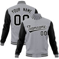 Custom Gray & Black & White Color Block Cotton-Blend Full-Snap Varsity Jacket - front view