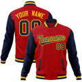 Custom Red & Navy & Gold Color Block Cotton-Blend Full-Snap Varsity Jacket - front view