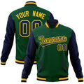 Custom Green & Navy & Gold Color Block Cotton-Blend Full-Snap Varsity Jacket - front view