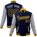 Personalized Navy & Gray & Gold Color Block Cotton-Blend Full-Snap Varsity Jacket - front view