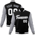Custom Black & Gray & White Color Block Cotton-Blend Full-Snap Varsity Jacket - front view