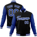 Custom Black & Royal Blue & White Color Block Cotton-Blend Full-Snap Varsity Jacket - front view